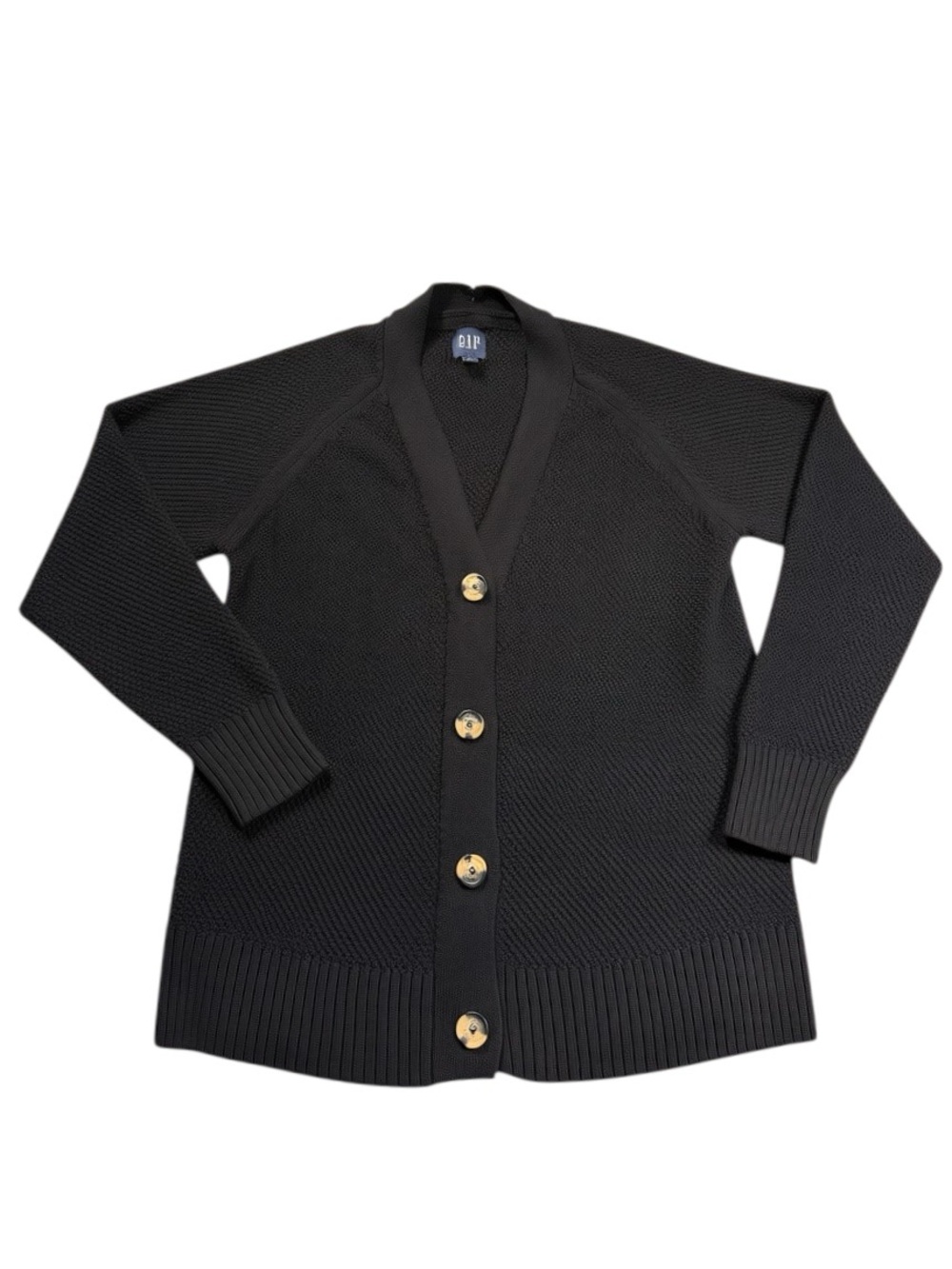GAP Large 100% Cotton Black Knit Button-Front Cardigan with Tortoise Buttons